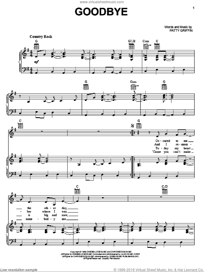 Goodbye sheet music for voice, piano or guitar by Patty Griffin, intermediate skill level