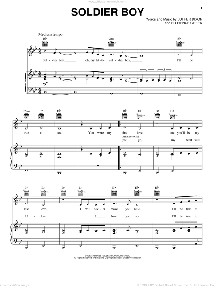 Soldier Boy sheet music for voice, piano or guitar by The Shirelles, Florence Green and Luther Dixon, intermediate skill level