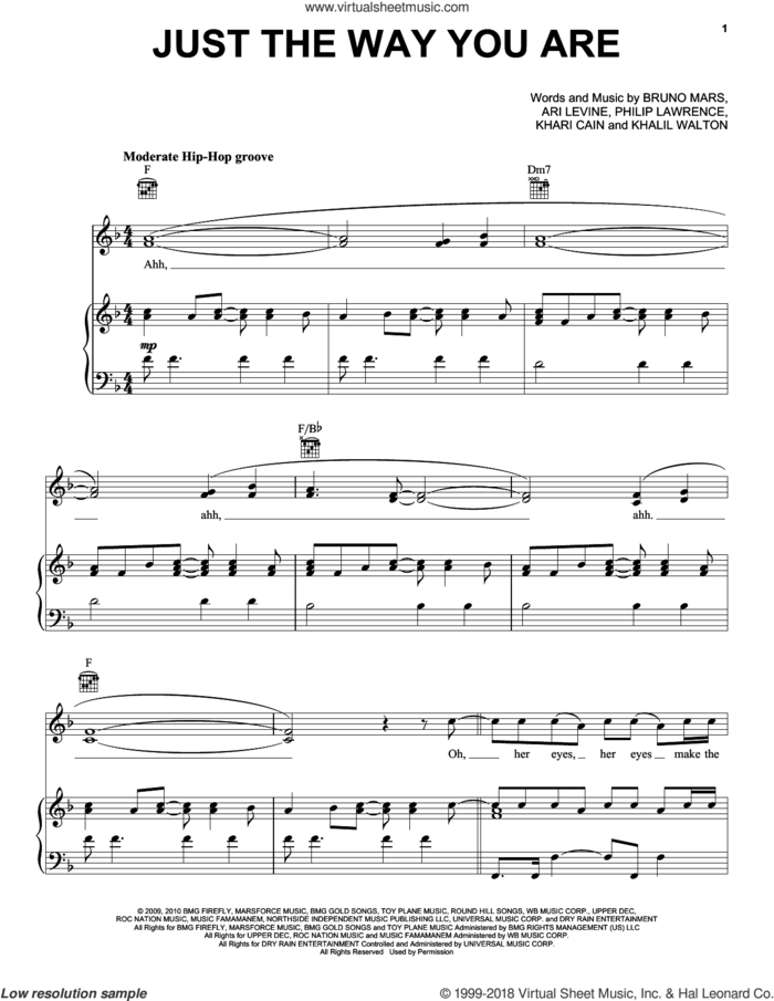 Just The Way You Are sheet music for voice, piano or guitar by Bruno Mars, Ari Levine, Khalil Walton, Khari Cain and Philip Lawrence, wedding score, intermediate skill level