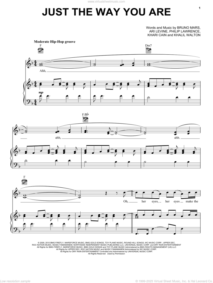 Just The Way You Are sheet music for voice, piano or guitar by Bruno Mars, Ari Levine, Khalil Walton, Khari Cain and Philip Lawrence, wedding score, intermediate skill level