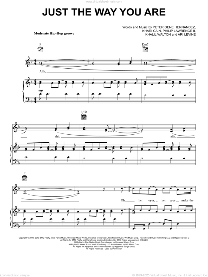 Just The Way You Are sheet music for voice, piano or guitar by Bruno Mars, Ari Levine, Khalil Walton, Khari Cain and Philip Lawrence, wedding score, intermediate skill level