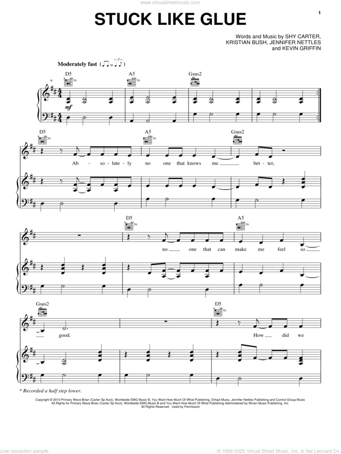 Stuck Like Glue sheet music for voice, piano or guitar by Sugarland, Jennifer Nettles, Kevin Griffin, Kristian Bush and Shy Carter, intermediate skill level