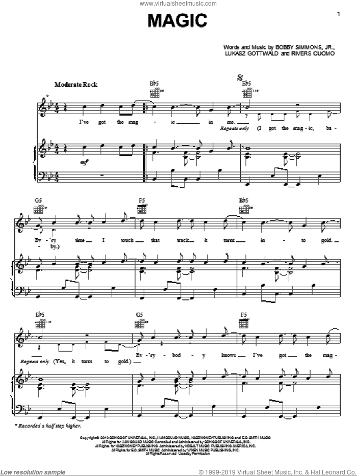 Magic sheet music for voice, piano or guitar by B.o.B. featuring Rivers Cuomo, B.o.B., Bobby Simmons, Jr., Lukasz Gottwald and Rivers Cuomo, intermediate skill level