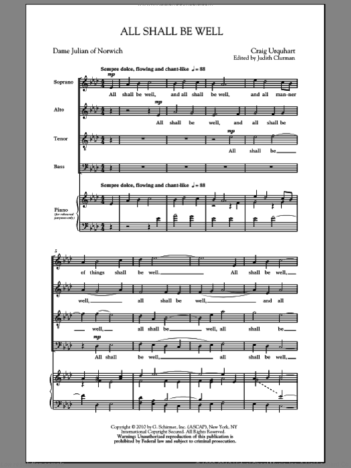 All Shall Be Well sheet music for choir (SATB: soprano, alto, tenor, bass) by Judith Clurman and Craig Urquhart, intermediate skill level