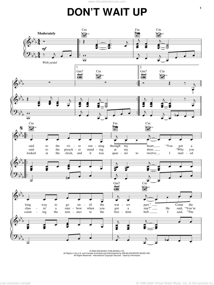 Don't Wait Up sheet music for voice, piano or guitar by Diane Birch and Salaam Remi, intermediate skill level