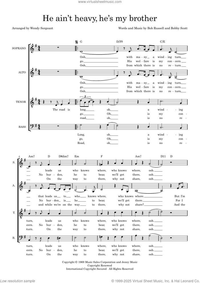 He Ain't Heavy He's My Brother (arr. Wendy Sergeant) sheet music for choir (SATB: soprano, alto, tenor, bass) by The Hollies, Wendy Sergeant, Bob Russell and Bobby Scott, intermediate skill level