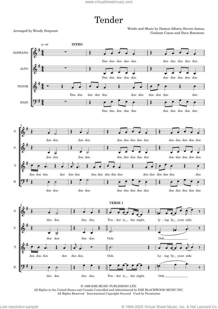 Tender (arr. Wendy Sergeant) sheet music for choir (SATB: soprano, alto, tenor, bass) by Blur, Wendy Sergeant, Alex James, Damon Albarn, Dave Rowntree, Graham Coxon and Steven James, intermediate skill level