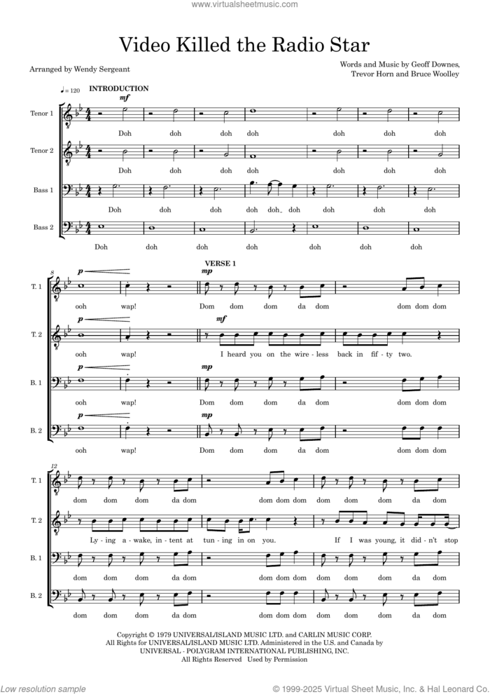 Video Killed The Radio Star (arr. Wendy Sergeant) sheet music for choir (TTBB: tenor, bass) by The Buggles, Wendy Sergeant, Bruce Woolley, Geoff Downes and Trevor Horn, intermediate skill level