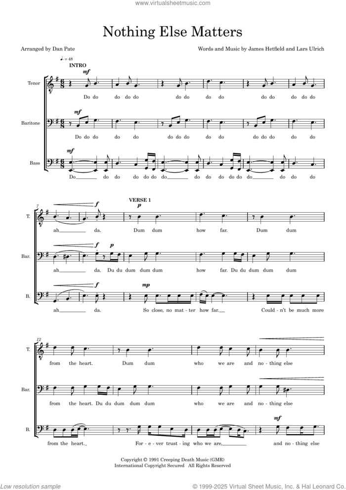 Nothing Else Matters (arr. Dan Pate) sheet music for choir (TBB: tenor, bass) by Metallica, Dan Pate, James Hetfield, Kirk Hammett and Lars Ulrich, intermediate skill level