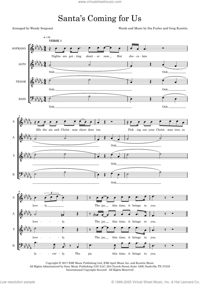 Santa's Coming For Us (arr. Wendy Sergeant) sheet music for choir (SATB: soprano, alto, tenor, bass) by Sia, Wendy Sergeant, Greg Kurstin and Sia Furler, intermediate skill level