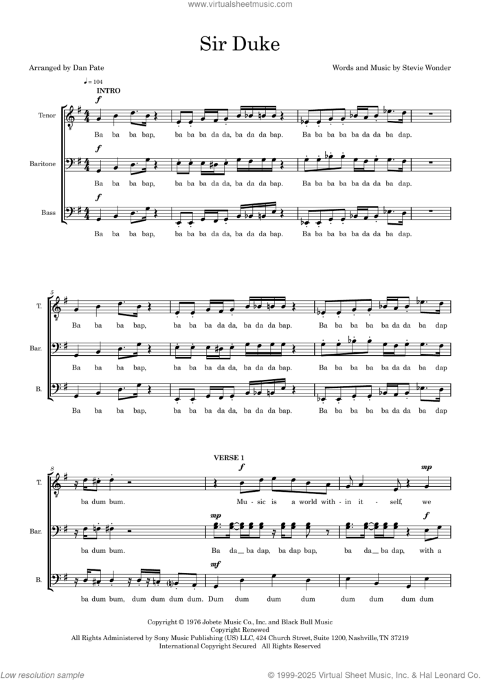 Sir Duke (arr. Dan Pate) sheet music for choir (TBB: tenor, bass) by Stevie Wonder and Dan Pate, intermediate skill level