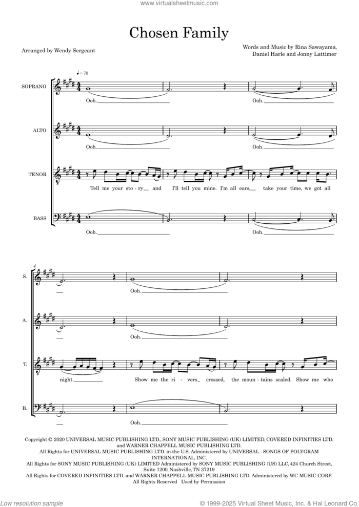 Chosen Family (arr. Wendy Sergeant) sheet music for choir (SATB: soprano, alto, tenor, bass) by Rina Sawayama, Wendy Sergeant, Daniel Harle and Jonny Lattimer, intermediate skill level