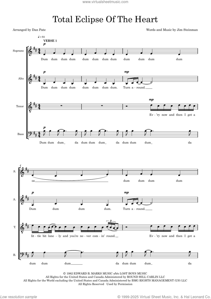 Total Eclipse Of The Heart (arr. Dan Pate) sheet music for choir (SATB: soprano, alto, tenor, bass) by Bonnie Tyler, Dan Pate and Jim Steinman, intermediate skill level