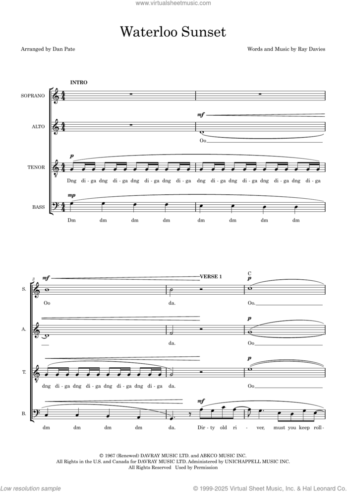 Waterloo Sunset (arr. Dan Pate) sheet music for choir (SATB: soprano, alto, tenor, bass) by The Kinks, Dan Pate and Ray Davies, intermediate skill level