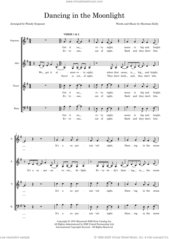 Dancing In The Moonlight (arr. Wendy Sergeant) sheet music for choir (SATB: soprano, alto, tenor, bass) by Toploader, Wendy Sergeant and Sherman Kelly, intermediate skill level