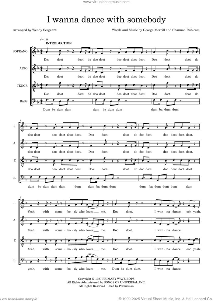 I Wanna Dance With Somebody (arr. Wendy Sergeant) sheet music for choir (SATB: soprano, alto, tenor, bass) by Whitney Houston, Wendy Sergeant, George Merrill and Shannon Rubicam, intermediate skill level