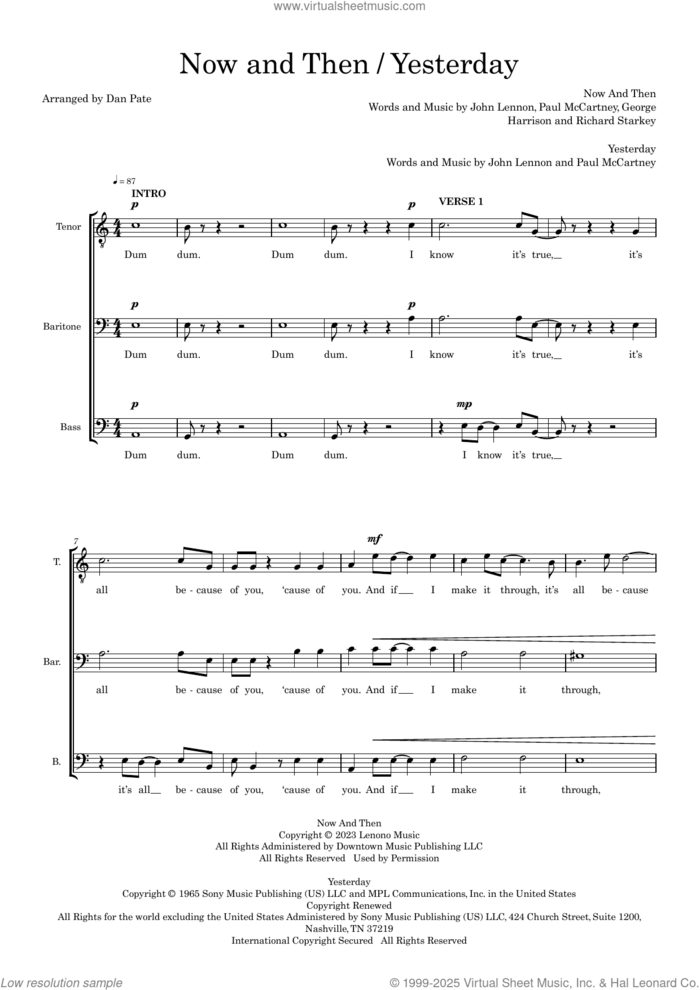 Now And Then / Yesterday (arr. Dan Pate) sheet music for choir (TBB: tenor, bass) by The Beatles, Dan Pate, George Harrison, John Lennon, Paul McCartney and Richard Starkey, intermediate skill level