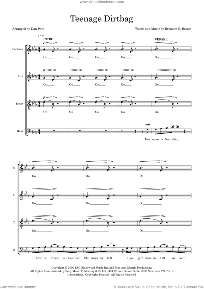 Teenage Dirtbag (arr. Dan Pate) sheet music for choir (SATB: soprano, alto, tenor, bass) by Wheatus, Dan Pate and Brendan B. Brown, intermediate skill level