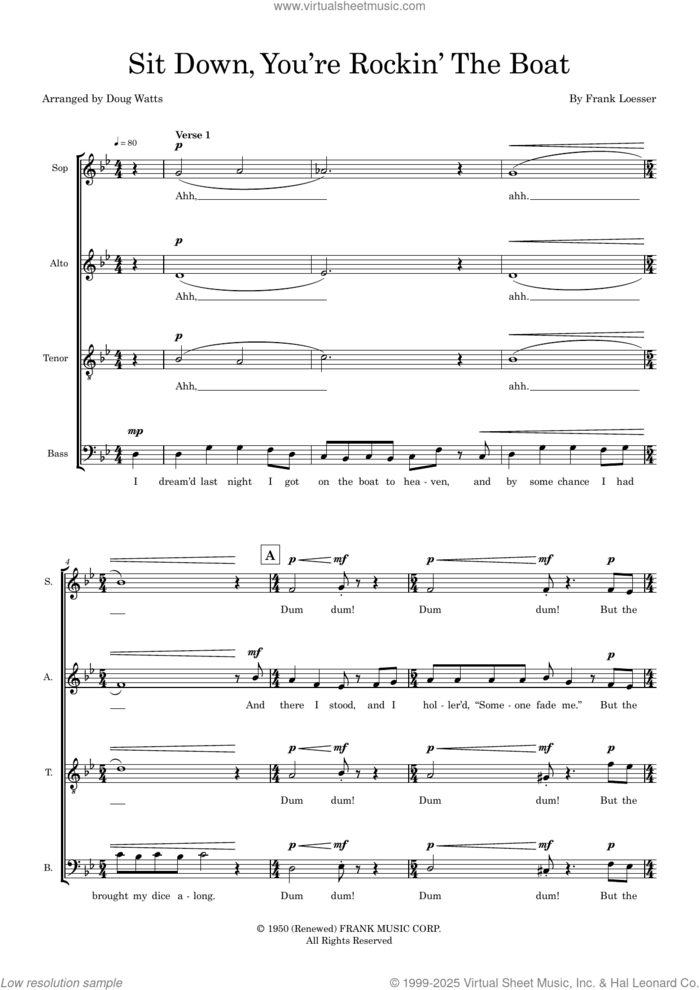 Sit Down You're Rockin' The Boat (arr. Doug Watts) sheet music for choir (SATB: soprano, alto, tenor, bass) by Frank Loesser and Doug Watts, intermediate skill level