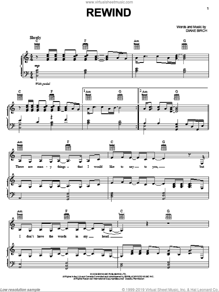 Rewind sheet music for voice, piano or guitar by Diane Birch, intermediate skill level