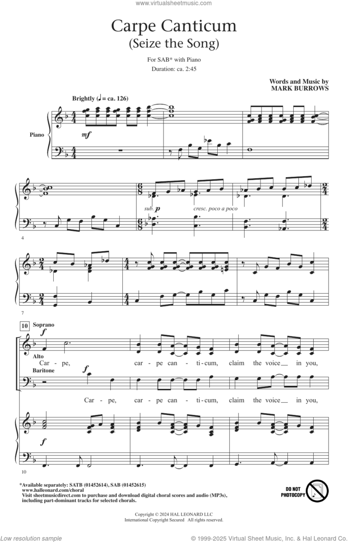 Carpe Canticum (Seize The Song) sheet music for choir (SAB: soprano, alto, bass) by Mark Burrows, intermediate skill level