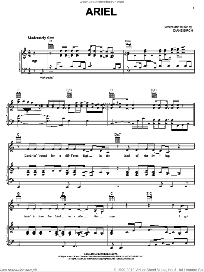 Ariel sheet music for voice, piano or guitar by Diane Birch, intermediate skill level