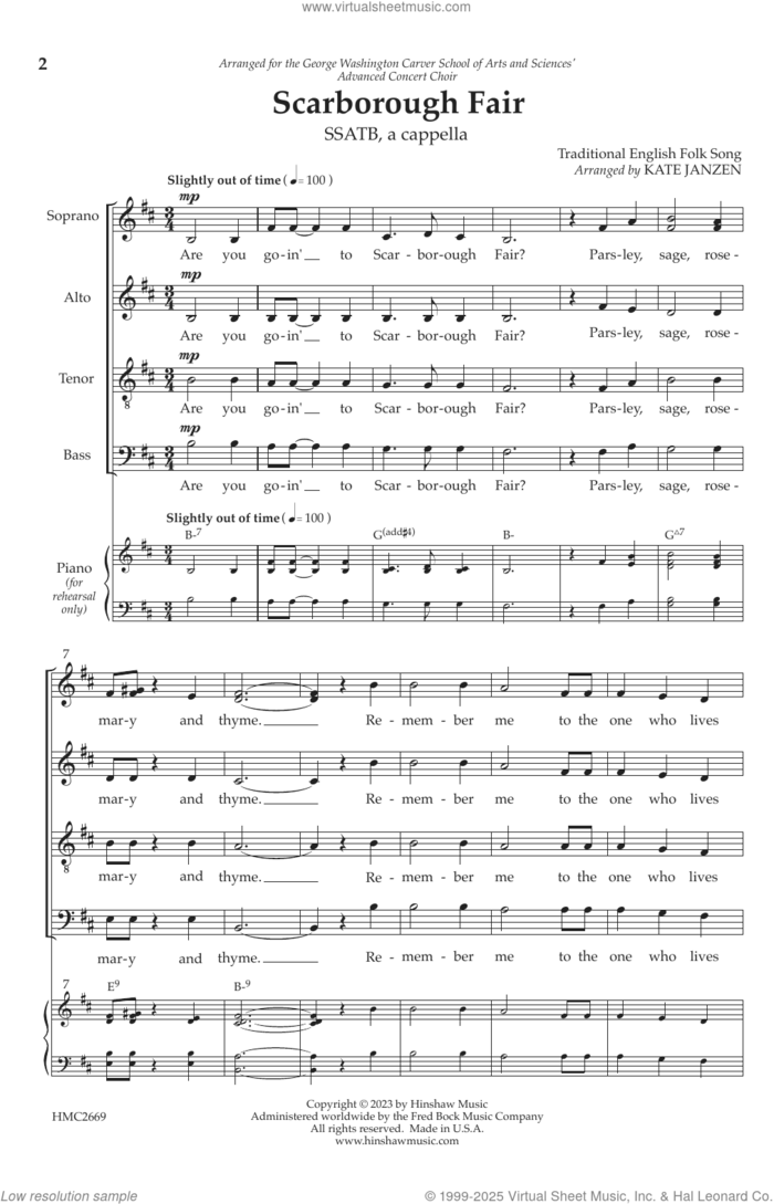 Scarborough Fair sheet music for choir (SSATB) by Kate Janzen, intermediate skill level