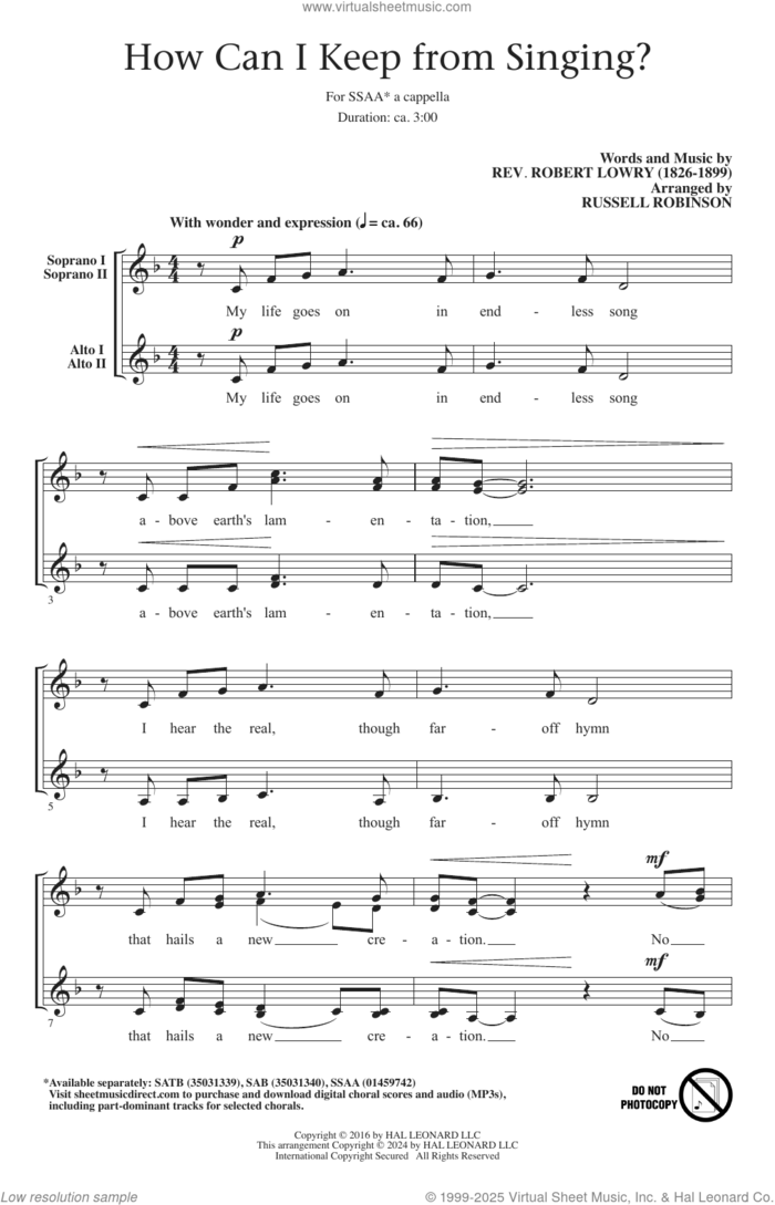 How Can I Keep From Singing? (arr. Russell Robinson) sheet music for choir (SSAA: soprano, alto) by Robert Lowry and Russell Robinson, intermediate skill level