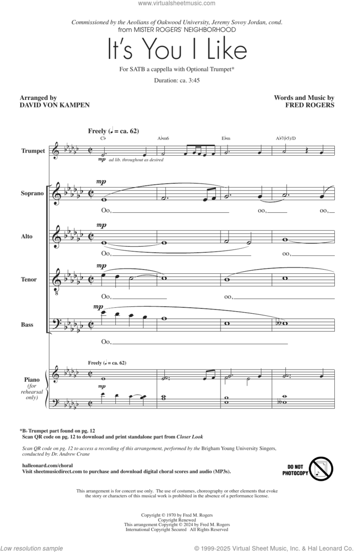 It's You I Like (arr. David von Kampen) sheet music for choir (SATB: soprano, alto, tenor, bass) by Fred Rogers and David von Kampen, intermediate skill level