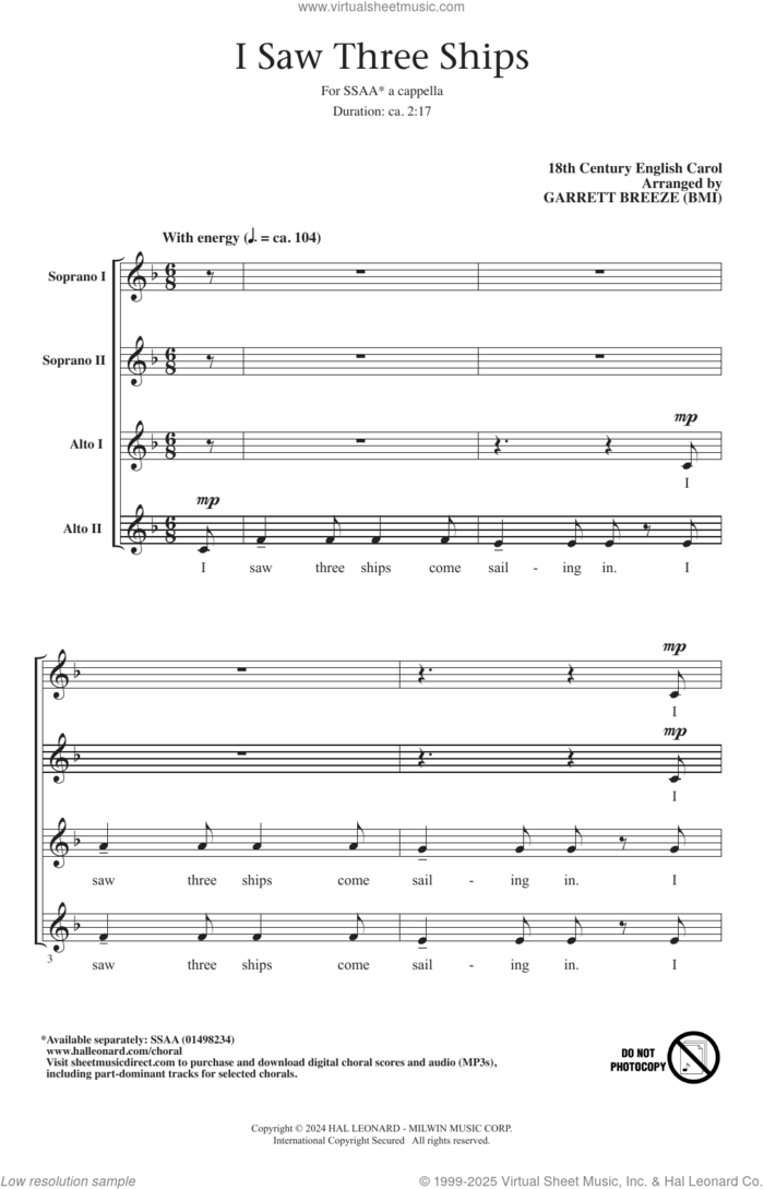 I Saw Three Ships (arr. Garrett Breeze) sheet music for choir (SSAA: soprano, alto) by Anonymous, Garrett Breeze and Miscellaneous, intermediate skill level