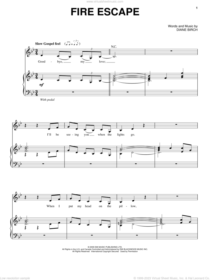 Fire Escape sheet music for voice, piano or guitar by Diane Birch, intermediate skill level