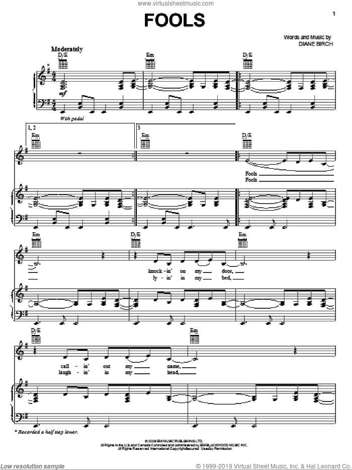 Fools sheet music for voice, piano or guitar by Diane Birch, intermediate skill level