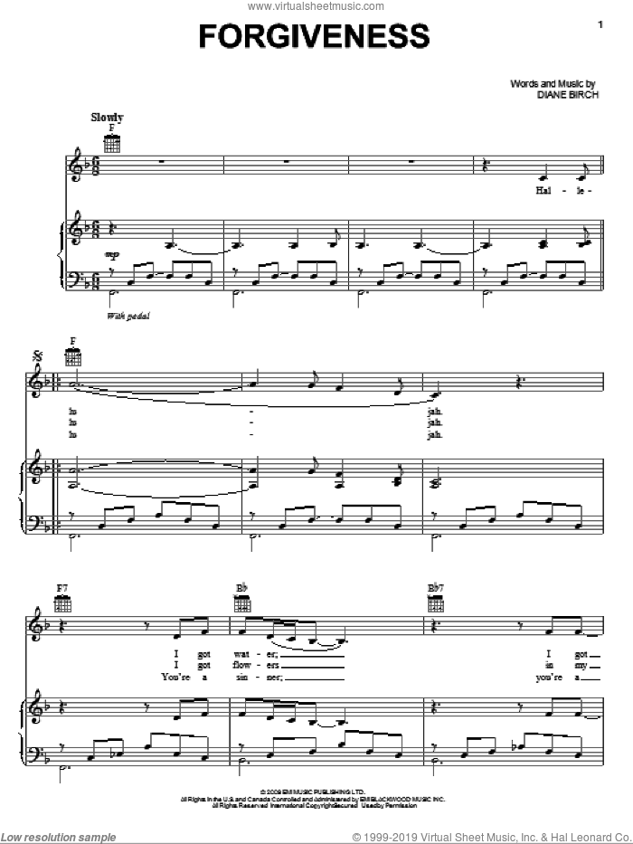 Forgiveness sheet music for voice, piano or guitar by Diane Birch, intermediate skill level