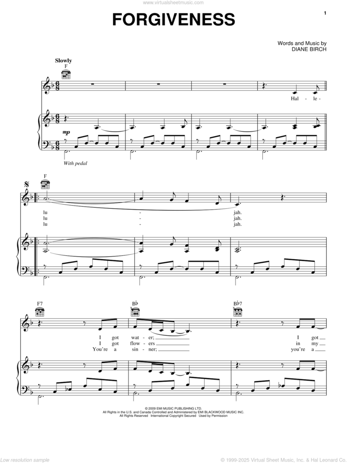 Forgiveness sheet music for voice, piano or guitar by Diane Birch, intermediate skill level