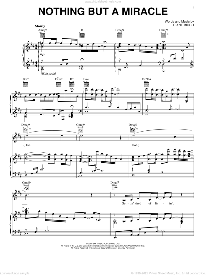 Nothing But A Miracle sheet music for voice, piano or guitar by Diane Birch, intermediate skill level