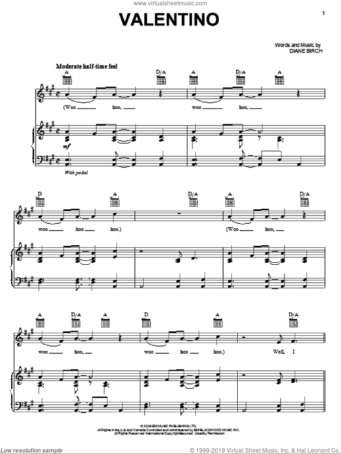 Valentino sheet music for voice, piano or guitar by Diane Birch, intermediate skill level