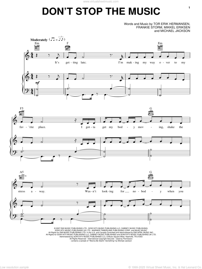 Don't Stop The Music sheet music for voice, piano or guitar by Jamie Cullum, Rihanna, Frankie Storm, Michael Jackson, Mikkel Eriksen and Tor Erik Hermansen, intermediate skill level