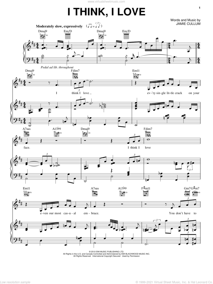 I Think, I Love sheet music for voice, piano or guitar by Jamie Cullum, intermediate skill level