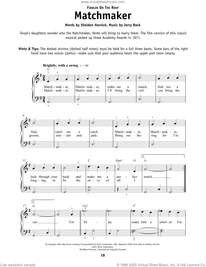 Matchmaker Matchmaker (from Fiddler On The Roof) sheet music for piano solo by Jerry Bock, Bock & Harnick and Sheldon Harnick, beginner skill level