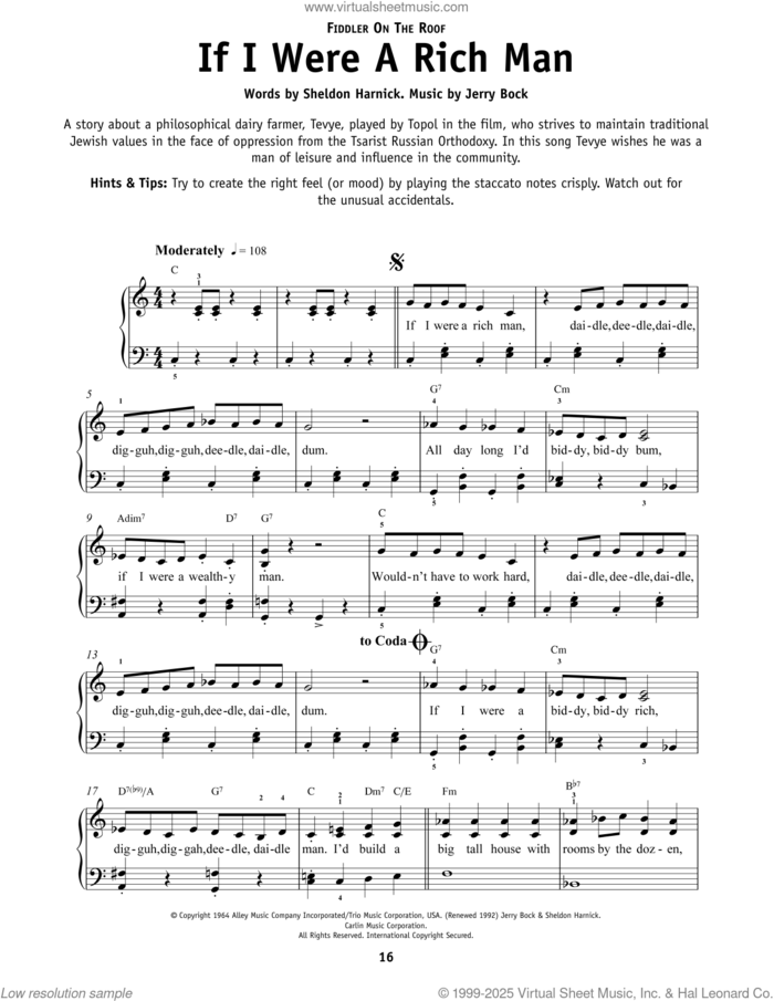 If I Were A Rich Man (from Fiddler On The Roof) sheet music for piano solo by Jerry Bock, Bock & Harnick and Sheldon Harnick, beginner skill level