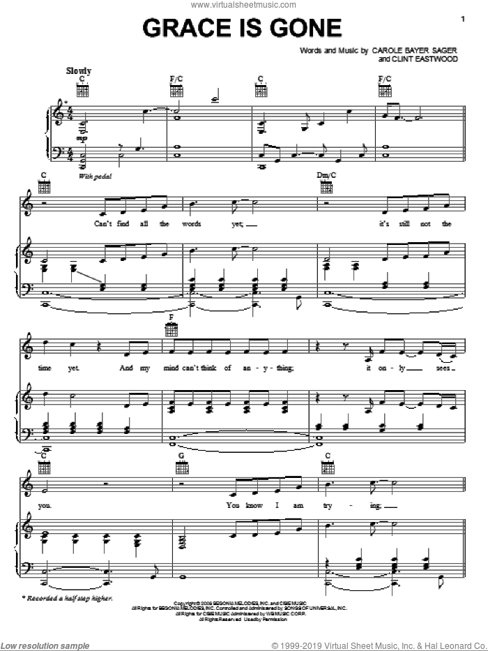 Grace Is Gone sheet music for voice, piano or guitar by Jamie Cullum, Carole Bayer Sager and Clint Eastwood, intermediate skill level