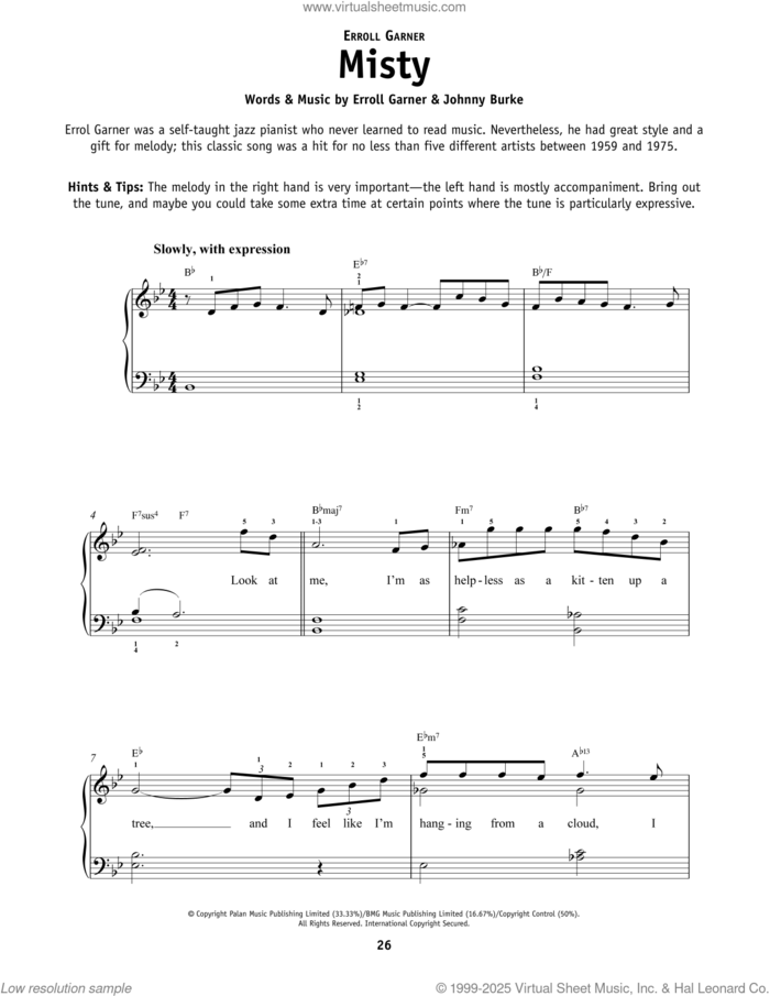 Misty sheet music for piano solo by Johnny Mathis, Erroll Garner and John Burke, beginner skill level