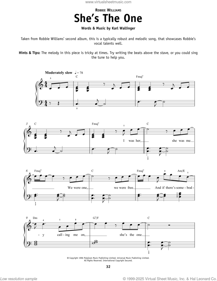 She's The One sheet music for piano solo by Robbie Williams, beginner skill level