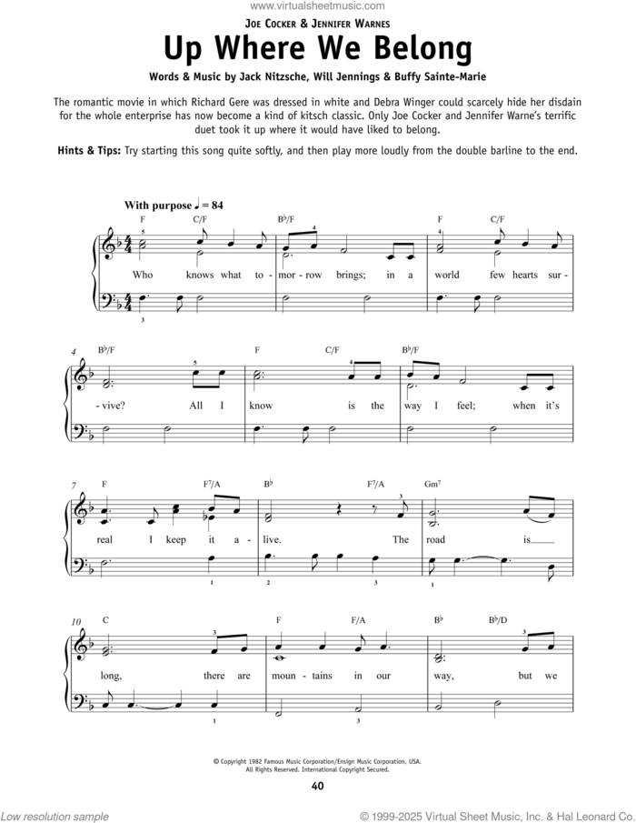 Up Where We Belong (from An Officer And A Gentleman) sheet music for piano solo by Joe Cocker & Jennifer Warnes, Buffy Sainte-Marie, Jack Nitzche and Will Jennings, beginner skill level