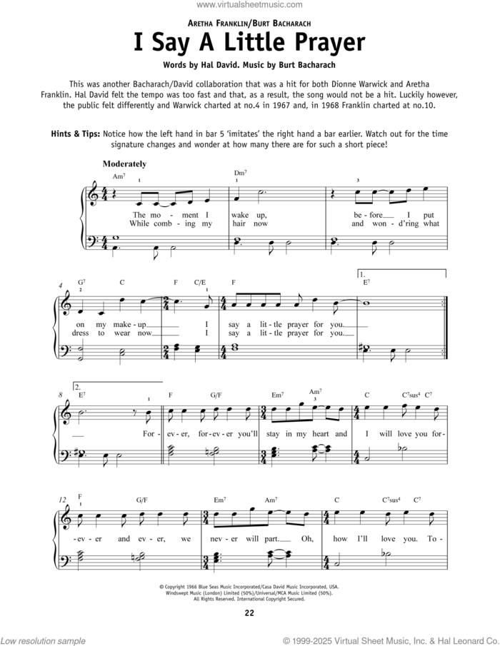 I Say A Little Prayer sheet music for piano solo by Dionne Warwick, Burt Bacharach and Hal David, beginner skill level