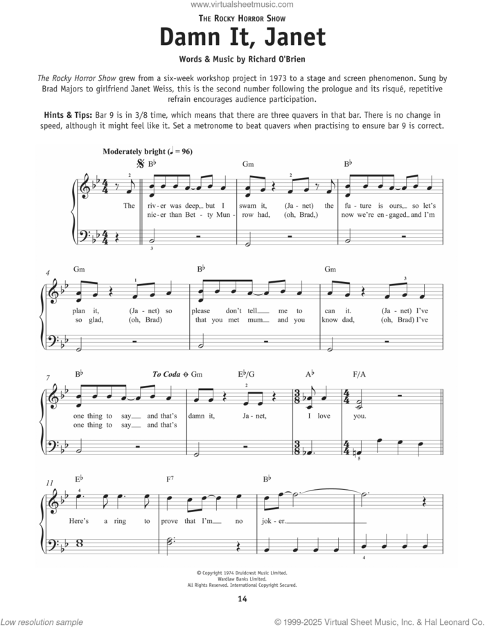 Damn It, Janet (from The Rocky Horror Picture Show) sheet music for piano solo by Richard O'Brien, beginner skill level