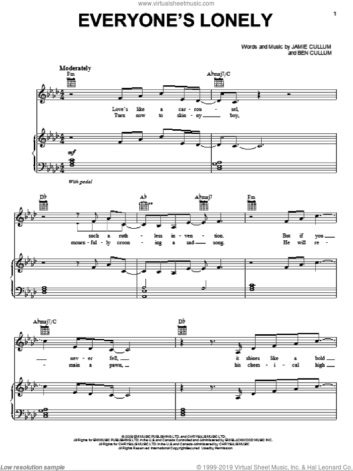 Everyone's Lonely sheet music for voice, piano or guitar by Jamie Cullum and Ben Cullum, intermediate skill level
