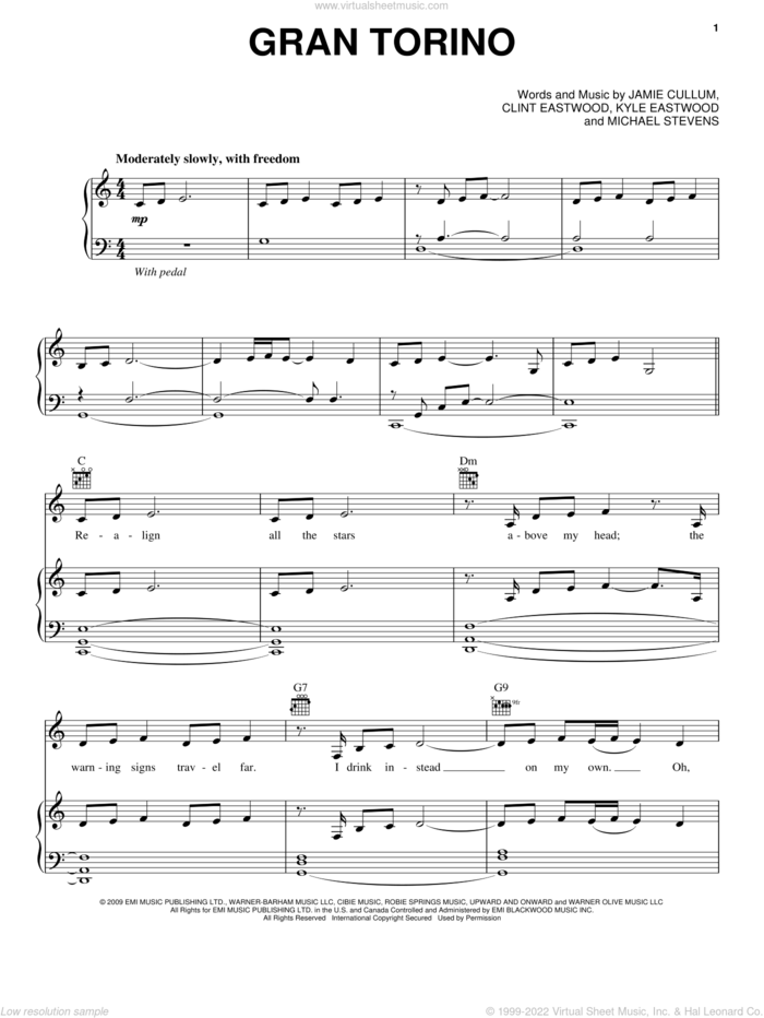 Gran Torino sheet music for voice, piano or guitar by Jamie Cullum, Clint Eastwood, Kyle Eastwood and Michael Stevens, intermediate skill level