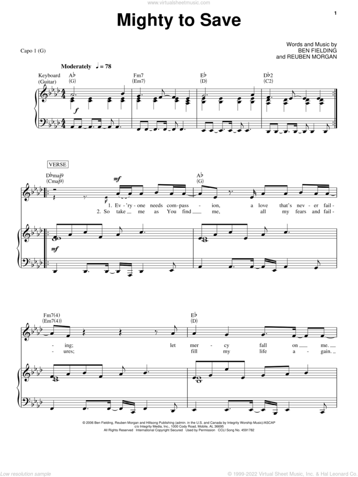 Mighty To Save sheet music for voice, piano or guitar by Jeremy Camp, Ben Fielding and Reuben Morgan, intermediate skill level