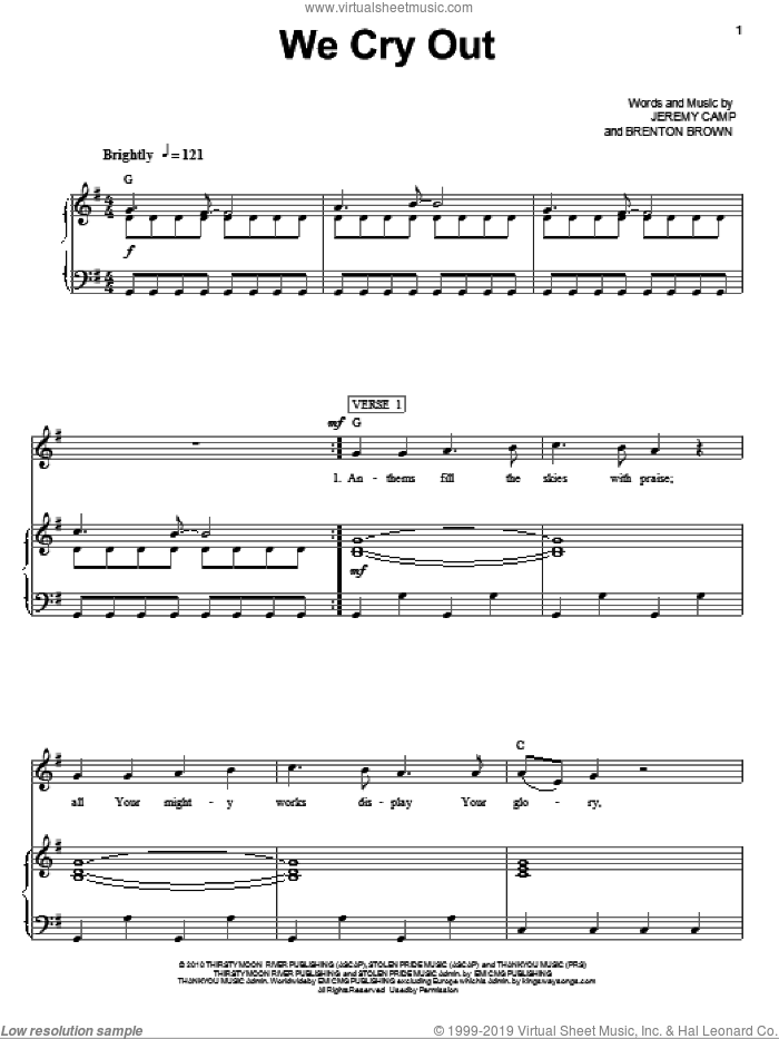 We Cry Out sheet music for voice, piano or guitar by Jeremy Camp and Brenton Brown, intermediate skill level